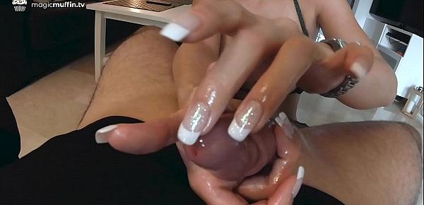  Cock explosion by edging handjob with long french nails
